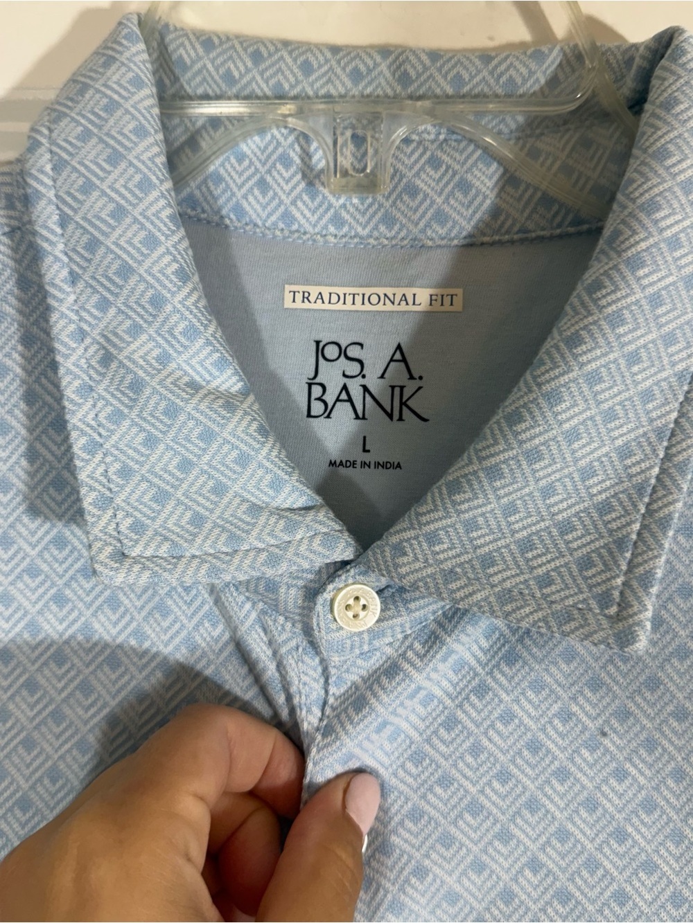 Jos A Bank Men’s Large Traditional Fit Light Blue Geometric Print Polo - Picture 3 of 13